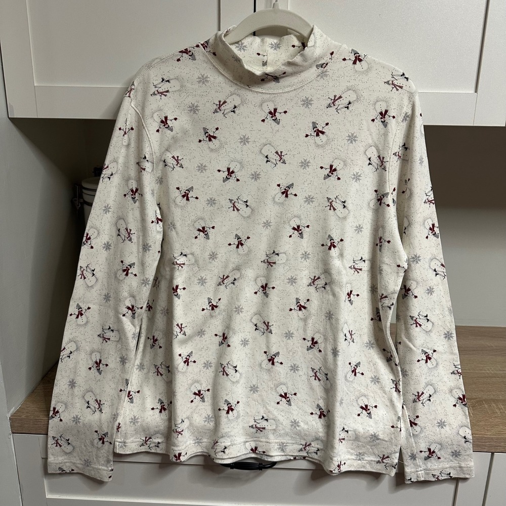 Croft & Barrow Mock Neck Top Womens L Snowman Winter Holiday Long Sleeve Shirt